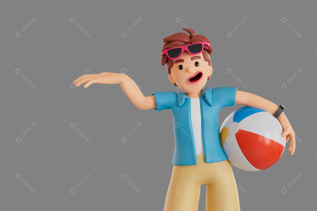Homem segurando uma bola de praia ilustração 3D PSD