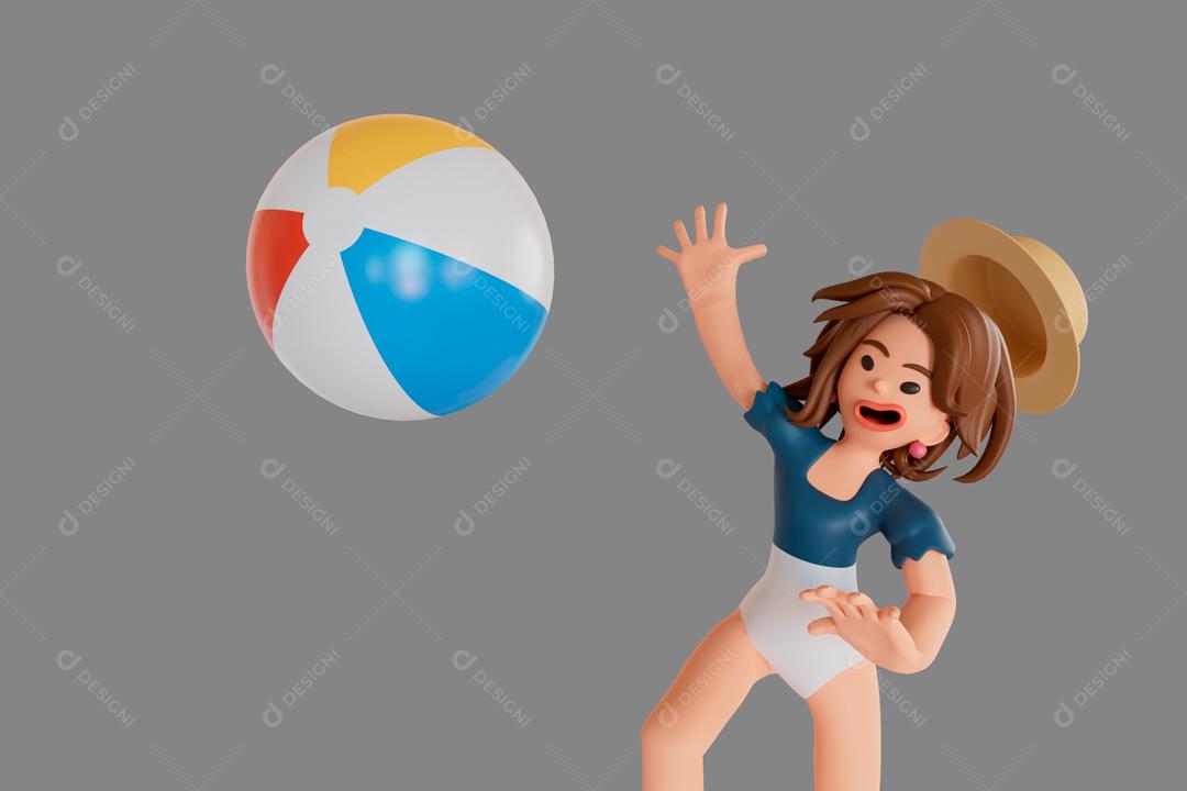 Mulher de maiô está jogando com uma bola de praia ilustração 3D PSD
