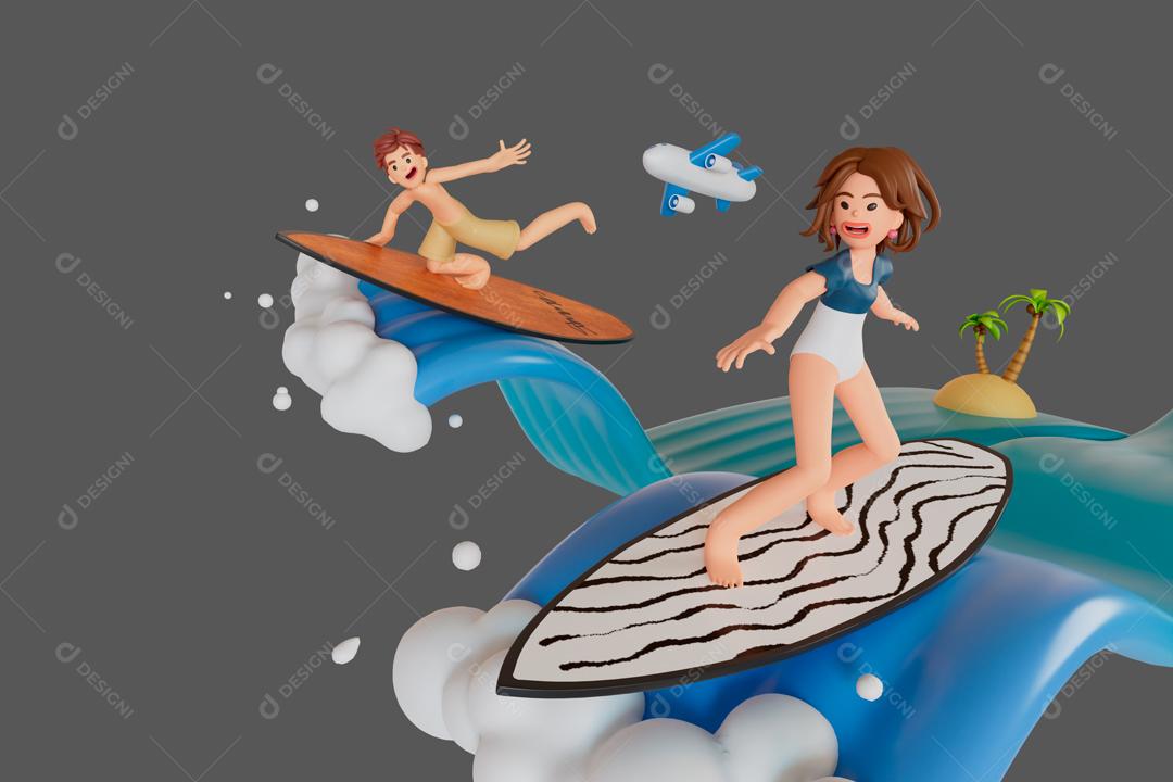 Casal de Turistas se divertem surfando ilustração 3D PSD