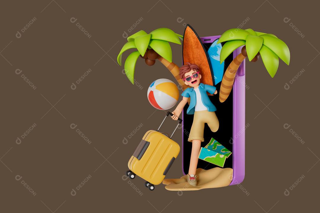 Turista masculino se preparando para viagens marítimas móvel ilustração 3D PSD