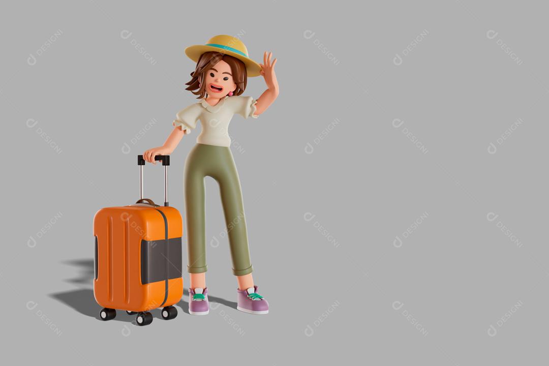 Turista feminina em pé com bagagem ilustração 3D PSD