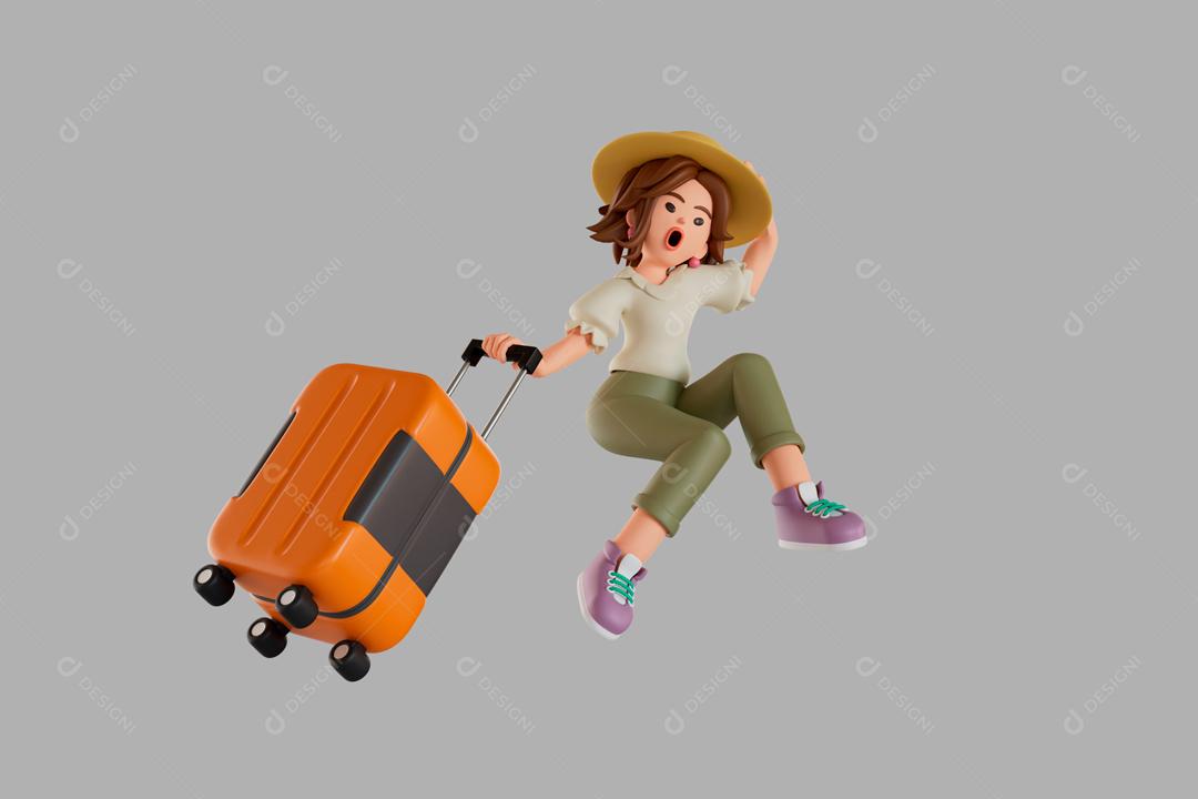 Turista feminina pulando com bagagem ilustração 3D PSD