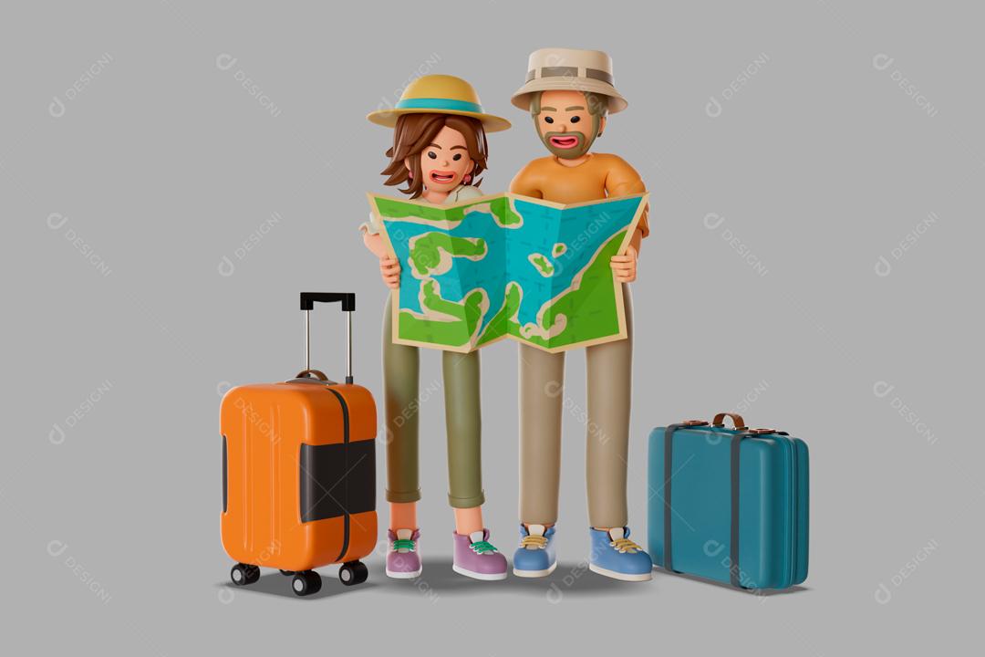 Casal de Turistas Olhando o Mapa ilustração 3D PSD