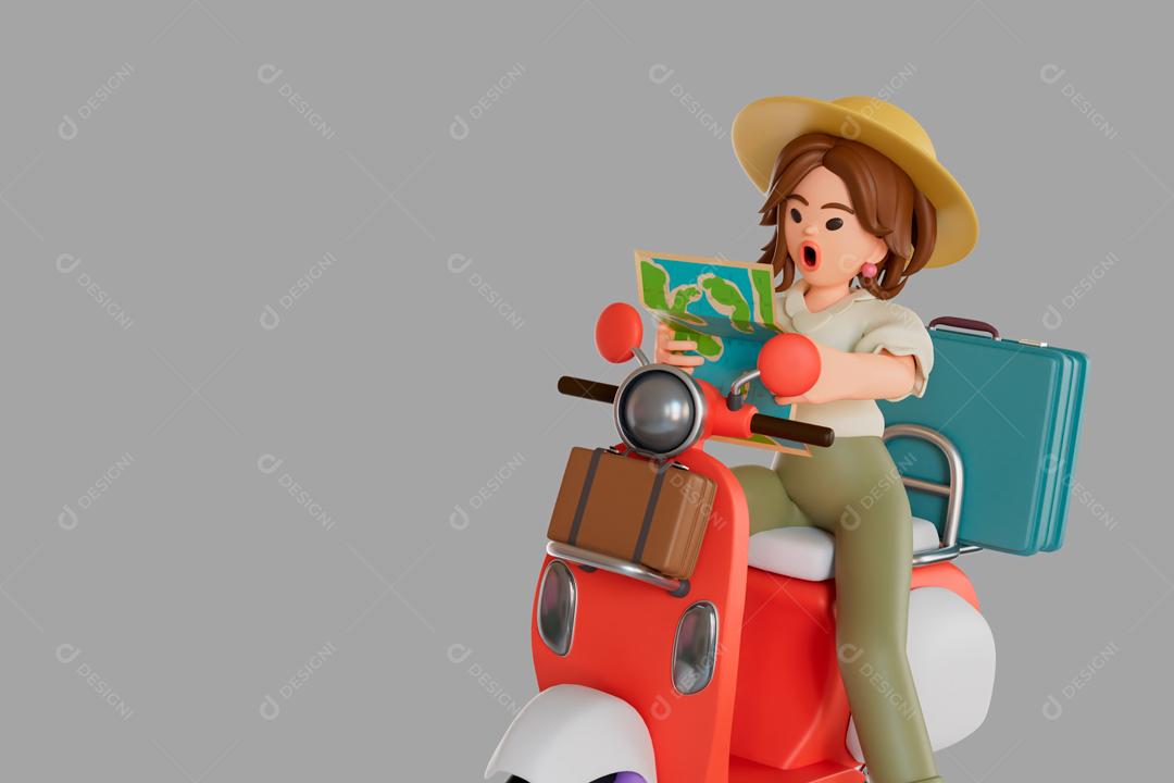 Turista feminina faz uma viagem olhando para o mapa em uma moto ilustração 3D PSD