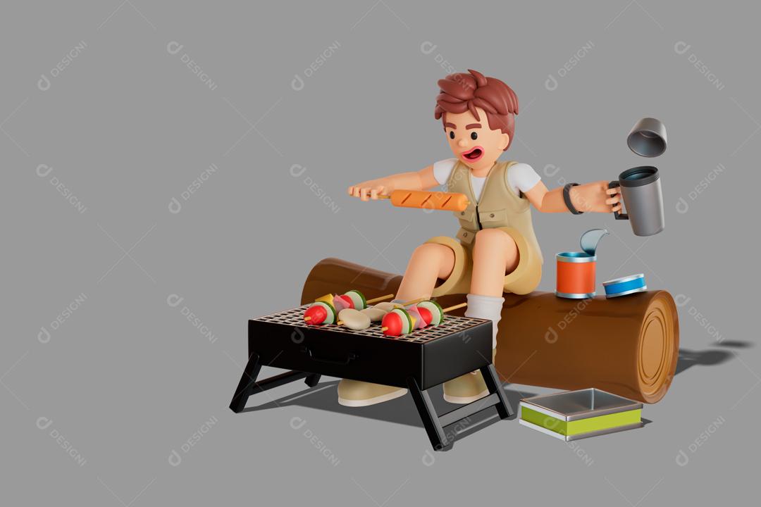 Turista masculina comendo churrasco grelhando na floresta ilustração 3D PSD