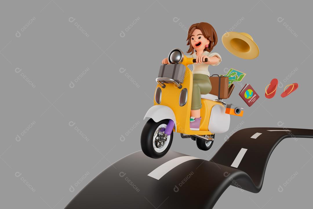 Turista feminina de moto se divertindo na estrada ilustração 3D PSD