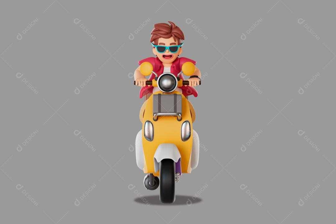 Turista masculino se divertindo dirigindo uma moto turistica ilustração 3D PSD
