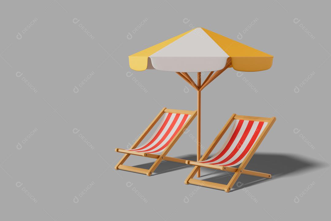 Duas cadeiras de praia e guarda sóis ilustração 3D PSD