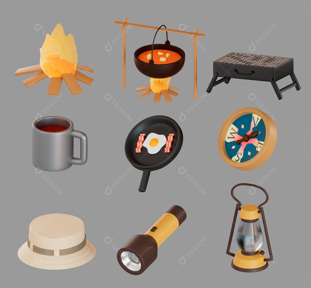 Itens de viagem na floresta ilustração 3D PSD