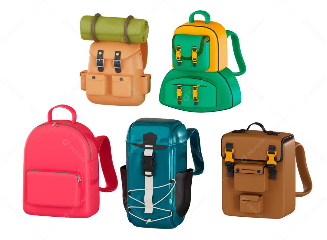Cinco tipos de mochilas de viagem ilustração 3D PSD