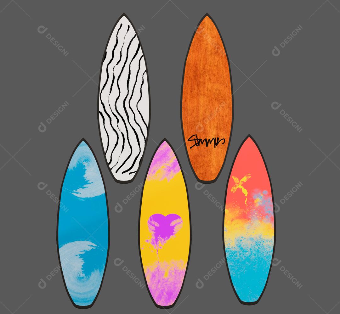 Cinco tipos de pranchas de surf ilustração 3D PSD