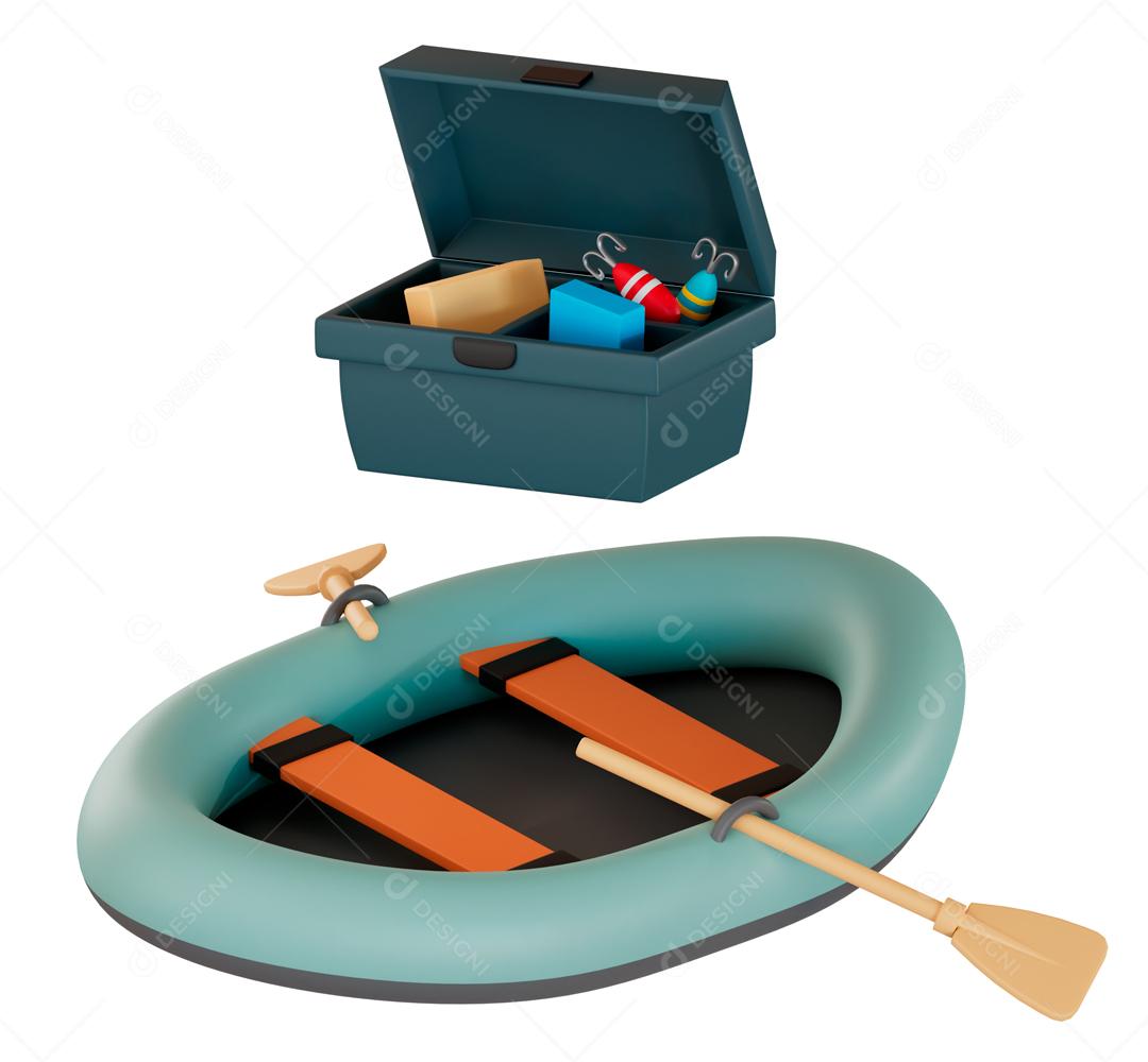 Caixas de pesca e barcos de rafting ilustração 3D PSD
