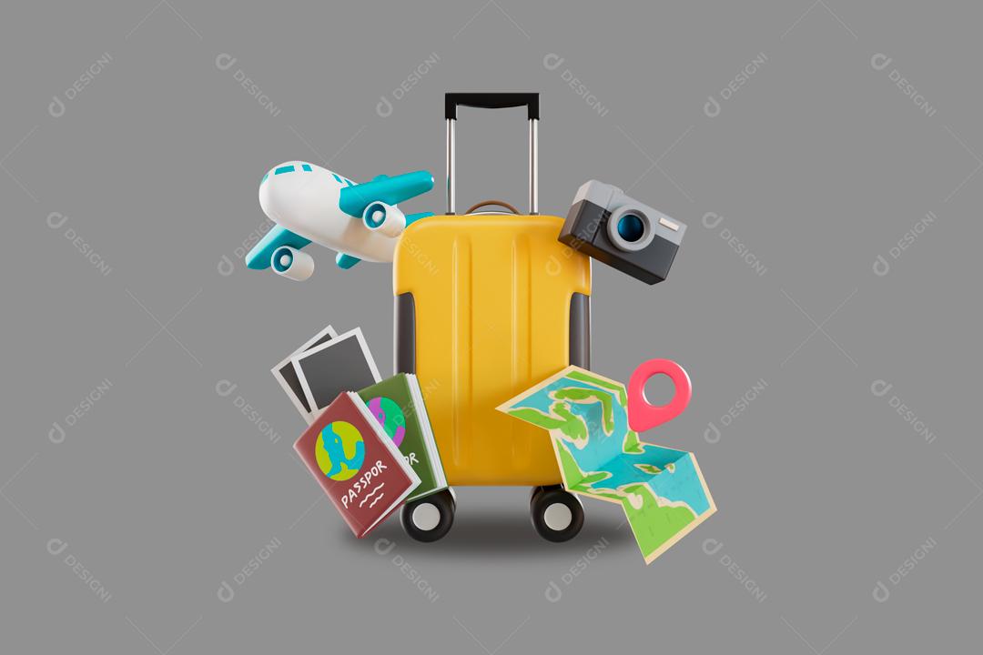 Mala com bagagem passaporte e câmera de viagem ilustração 3D PSD