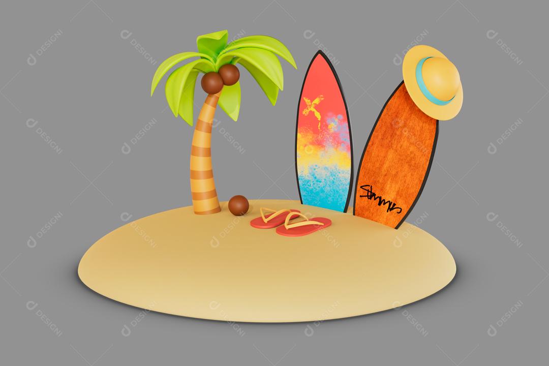 Areia com pranchas de surf e coqueiros com chinelo ilustração 3D PSD