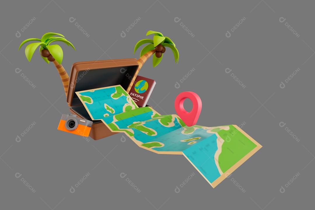 Mapa de viagem sai de uma mala e uma  câmera ilustração 3D PSD