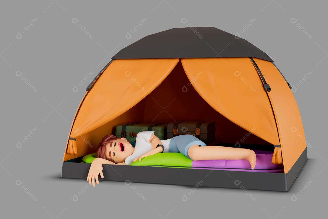 Turista masculino deitado na barraca com saco de dormir 3d render ilustração