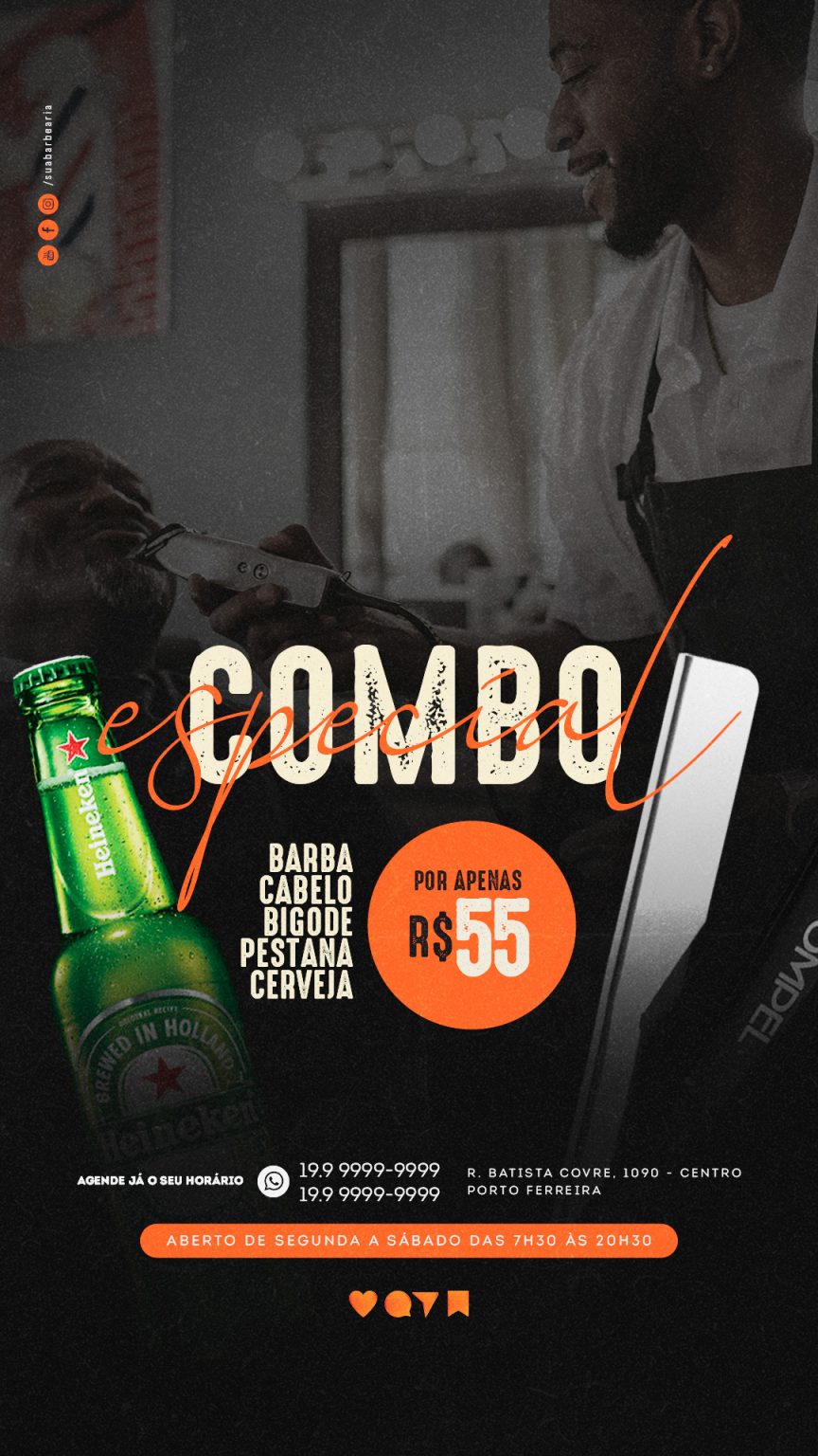 Story Combo Especial barba cabelo bigode Pestana Cerveja Barbearia Social Media PSD Editável