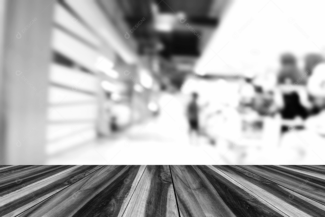 Madeira em perspectiva e vegetais/frutas embaçadas supermercado/shopping