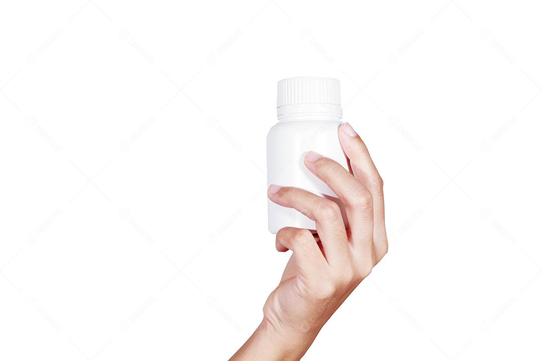 mão do médico segurando o frasco de remédio no armário de remédios e loja de remédios e farmácia