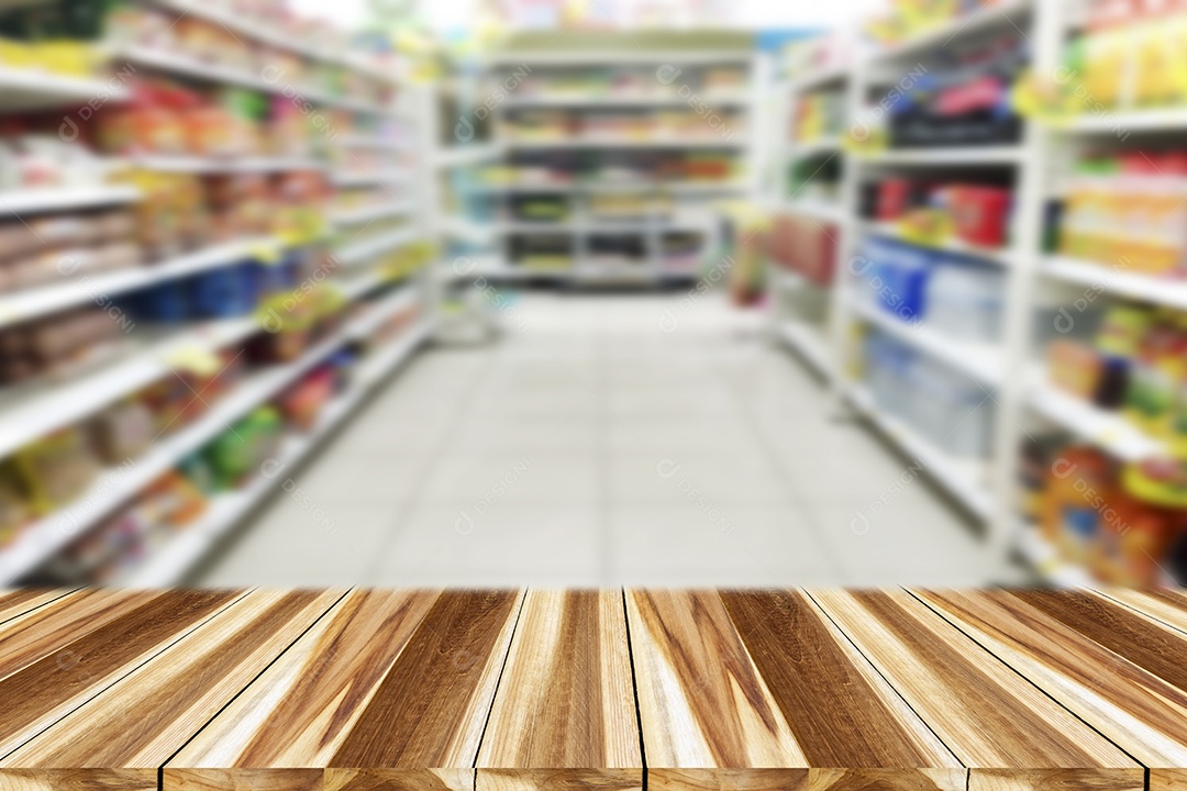 madeira de perspectiva e borrão de supermercado/shopping embaçado para plano de fundo e compras