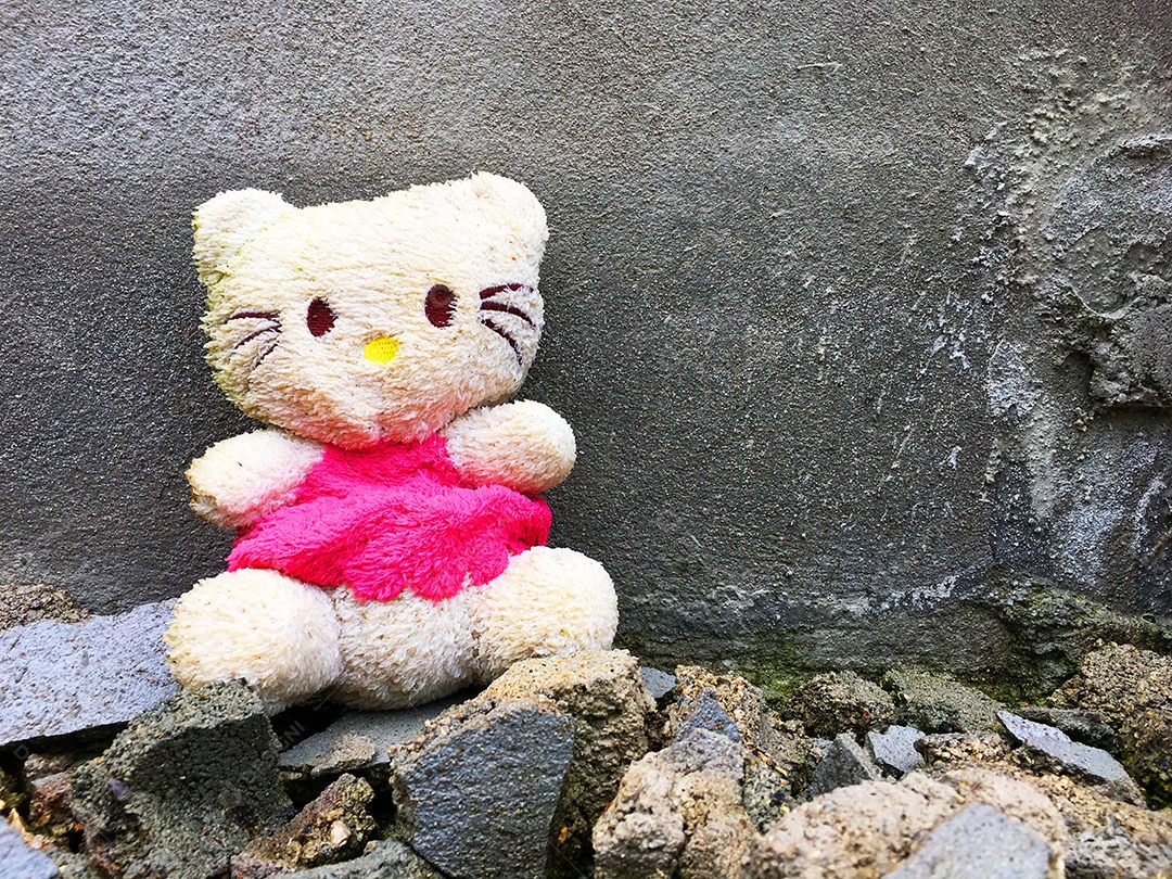 Urso de pelúcia sobre fundo de parede rebocada