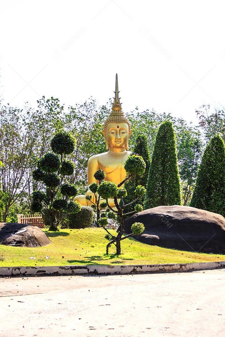 Buda dourado no templo tailandês e jardim na Tailândia
