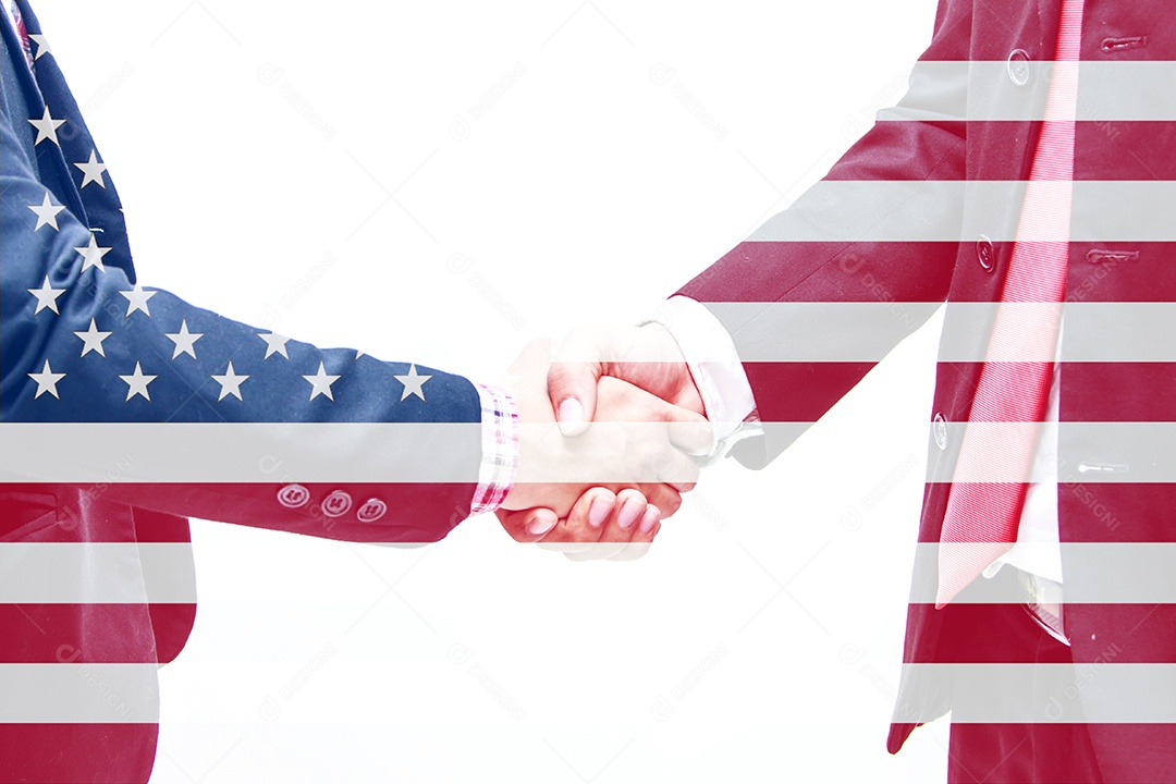 Aperto de mão de negócios e pessoas de negócios dupla exposição com bandeira americana