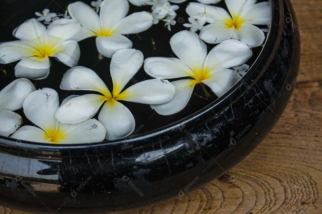 Flores brancas flutuando em uma tigela com água.
