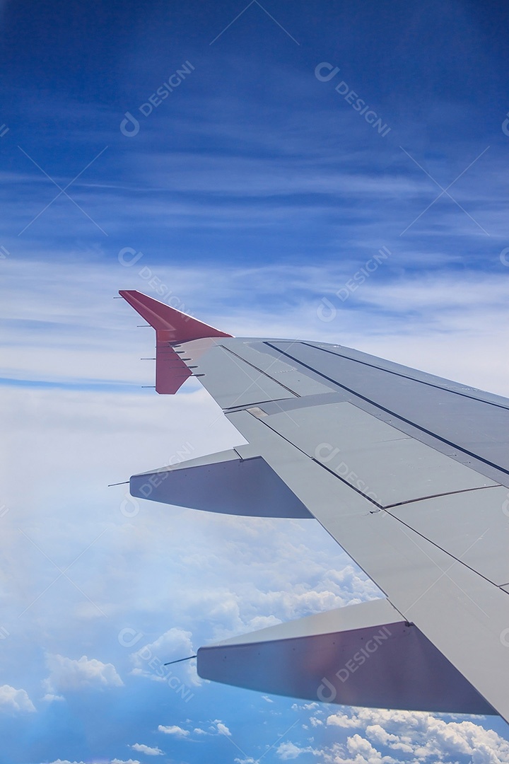 Vista da asa do avião a jato com nuvem e céu azul