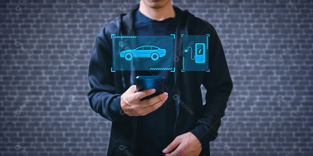 Escolhendo um veículo elétrico. escolha do carro elétrico. apontando para o símbolo