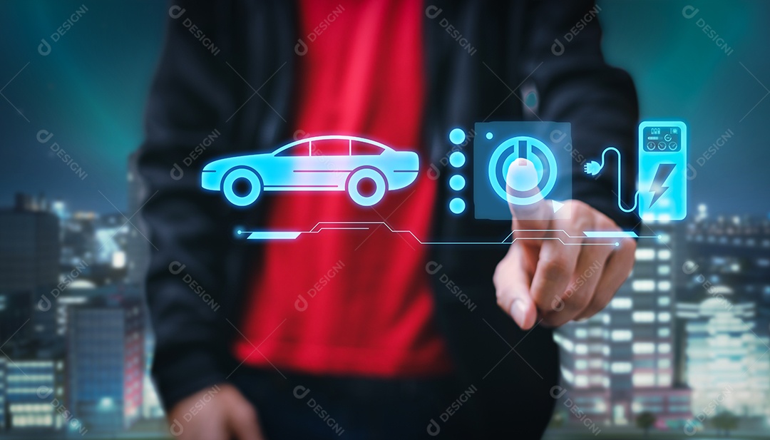 Escolhendo um veículo elétrico. escolha do carro elétrico. apontando para o símbolo