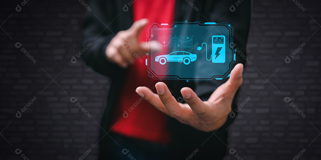 Escolhendo um veículo elétrico. escolha do carro elétrico. apontando para o símbolo