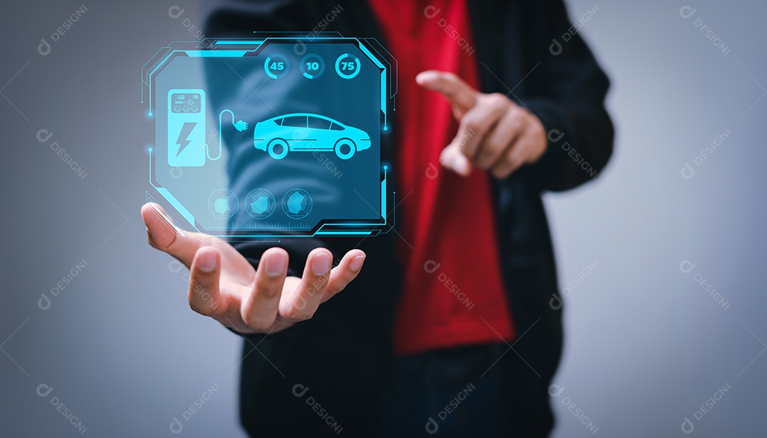 Escolhendo um veículo elétrico. escolha do carro elétrico. apontando para o símbolo