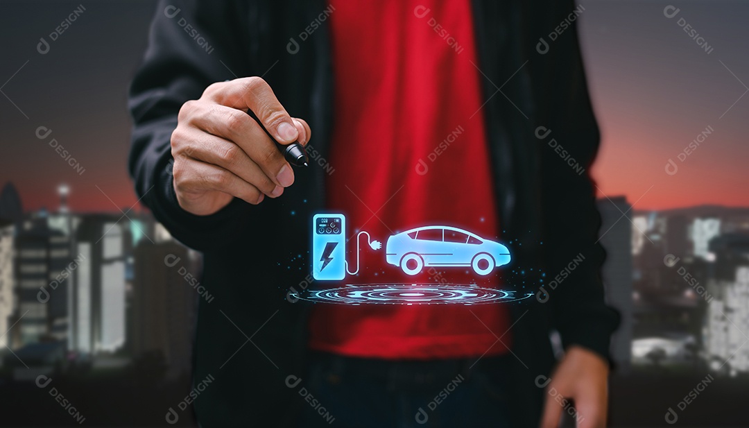 Escolhendo um veículo elétrico. escolha do carro elétrico. apontando para o símbolo