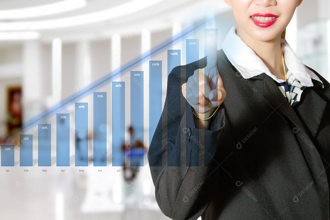 Empresárias apontando para o gráfico de barras azul para o conceito de crescimento de negócios