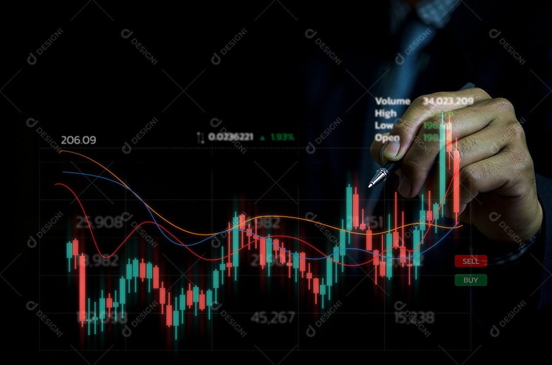 Empresário mão mercado financeiro de ações por gráfico e gráficos de investimento em tecnologia econômica.