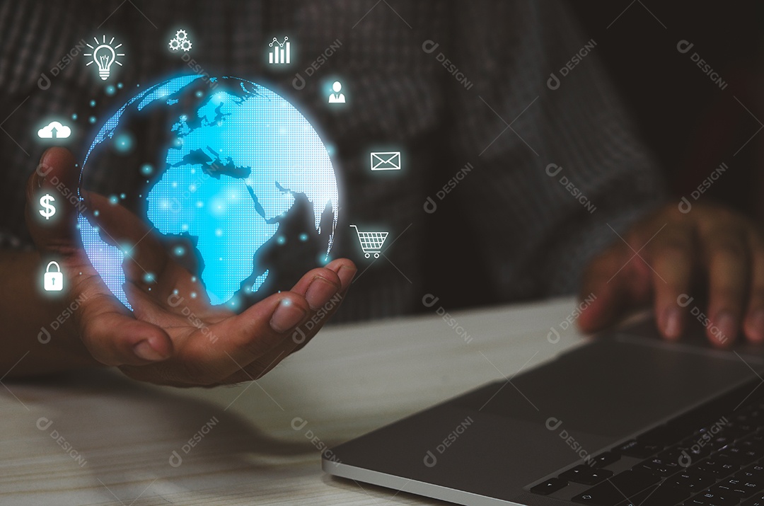 Ícone do mundo virtual de mão de homem. Comunicação e uso da tecnologia moderna da Internet Redes sociais marketing online digital online. Tecnologia de conceito meta verso de negócios.