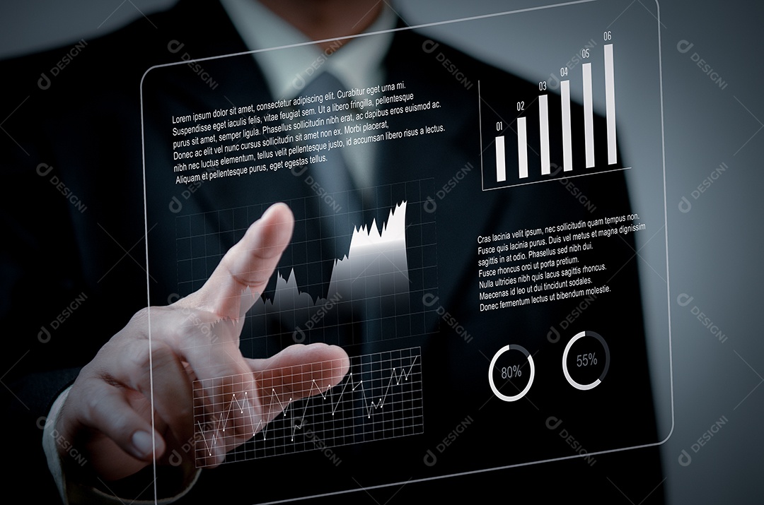 Mão tocando o gráfico de tela virtual e análise de dados do gráfico e conceito de negócios de big data.