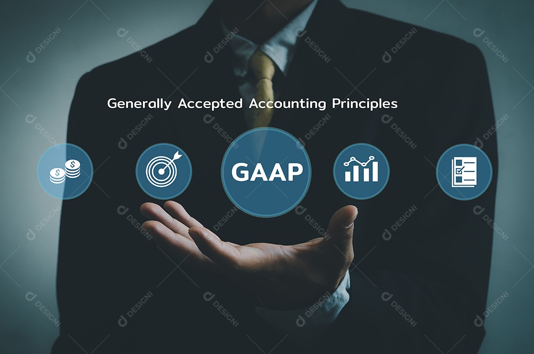 Ícone do empresário de mão GAAP tela virtual de princípios contábeis geralmente aceitos. Conceito financeiro de negócios.