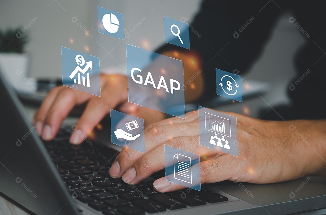 Mão de homem usando a tela virtual do laptop GAAP geralmente aceito.