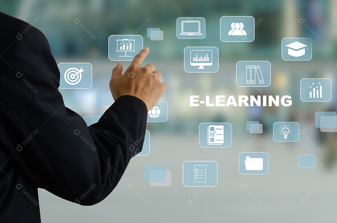 mão de empresário tocando uma tela virtual, ícone de negócios. E-learning educação on-line conceito de negócio de tecnologia de Internet.