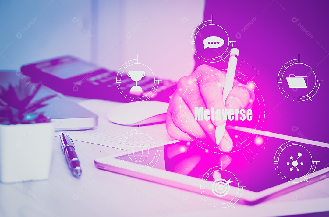 Mão use tablet digital virtual interface futurista meta verse tecnologia conceito ícone negócios.