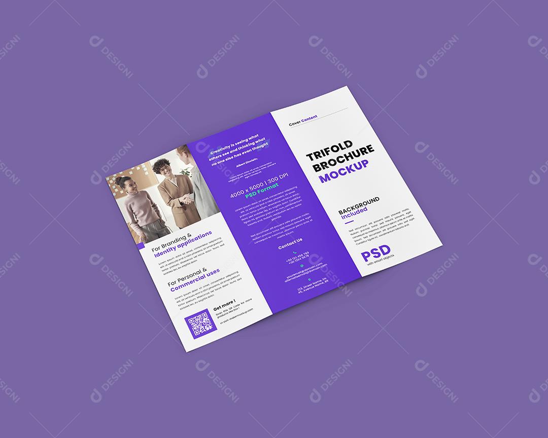 Mockup Folheto Dobrado em 3 Aberto e Externo - Vista Lateral