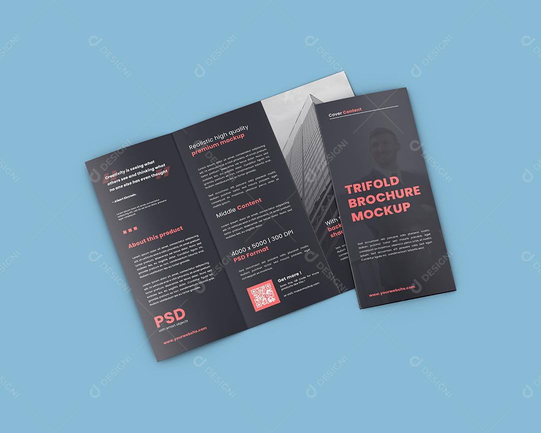 Mockup Folheto Dobrado em 3 Aberto e Fechado - Vista Lateral