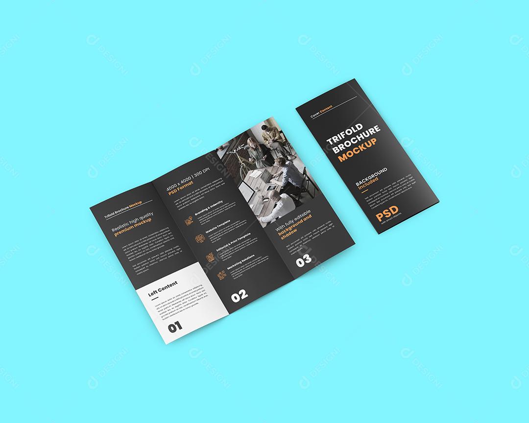 Mockup Folheto Dobrado em 3 Aberto e Fechado Lado a Lado - Vista Lateral