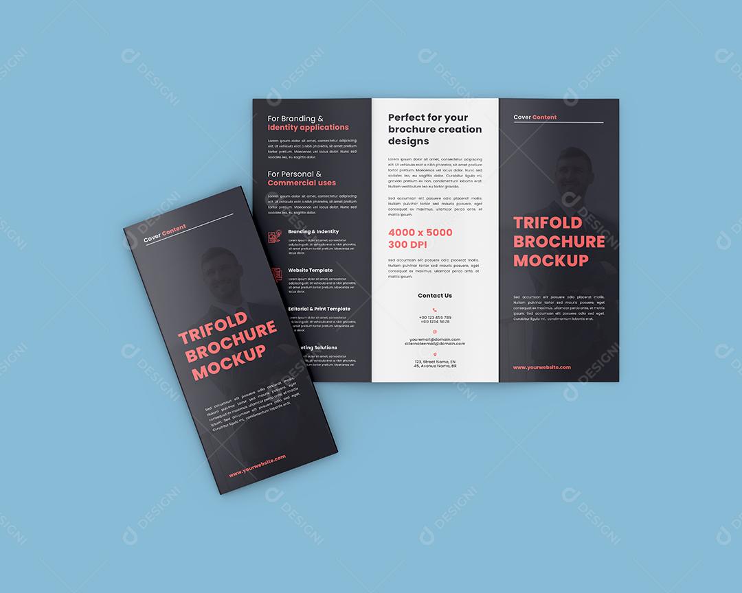 Mockup Folheto Dobrado em 3 Aberto Externo e Fechado - Vista Superior