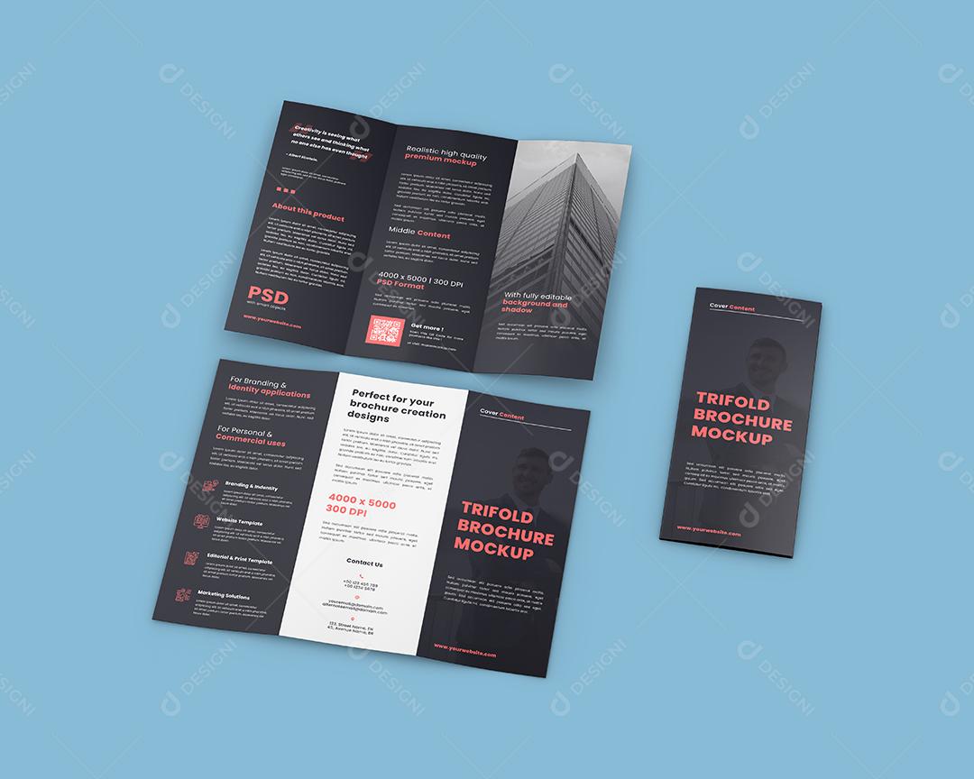 Mockup Folheto Dobrado em 3 Aberto Interno e Externo e Fechado - Vista Lateral