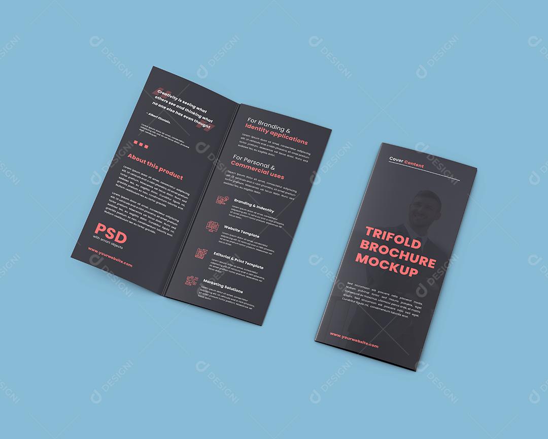 Mockup Folheto Dobrado em 3 Semi Aberto e Fechado - Vista Lateral