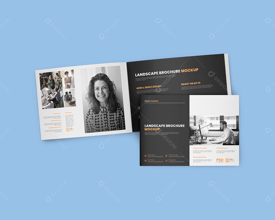 Mockup Revista Horizontal Fechada e Aberta - Vista Superior