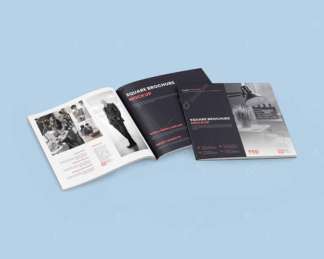 Mockup Revista Quadrada Aberta e Fechada - Vista Lateral